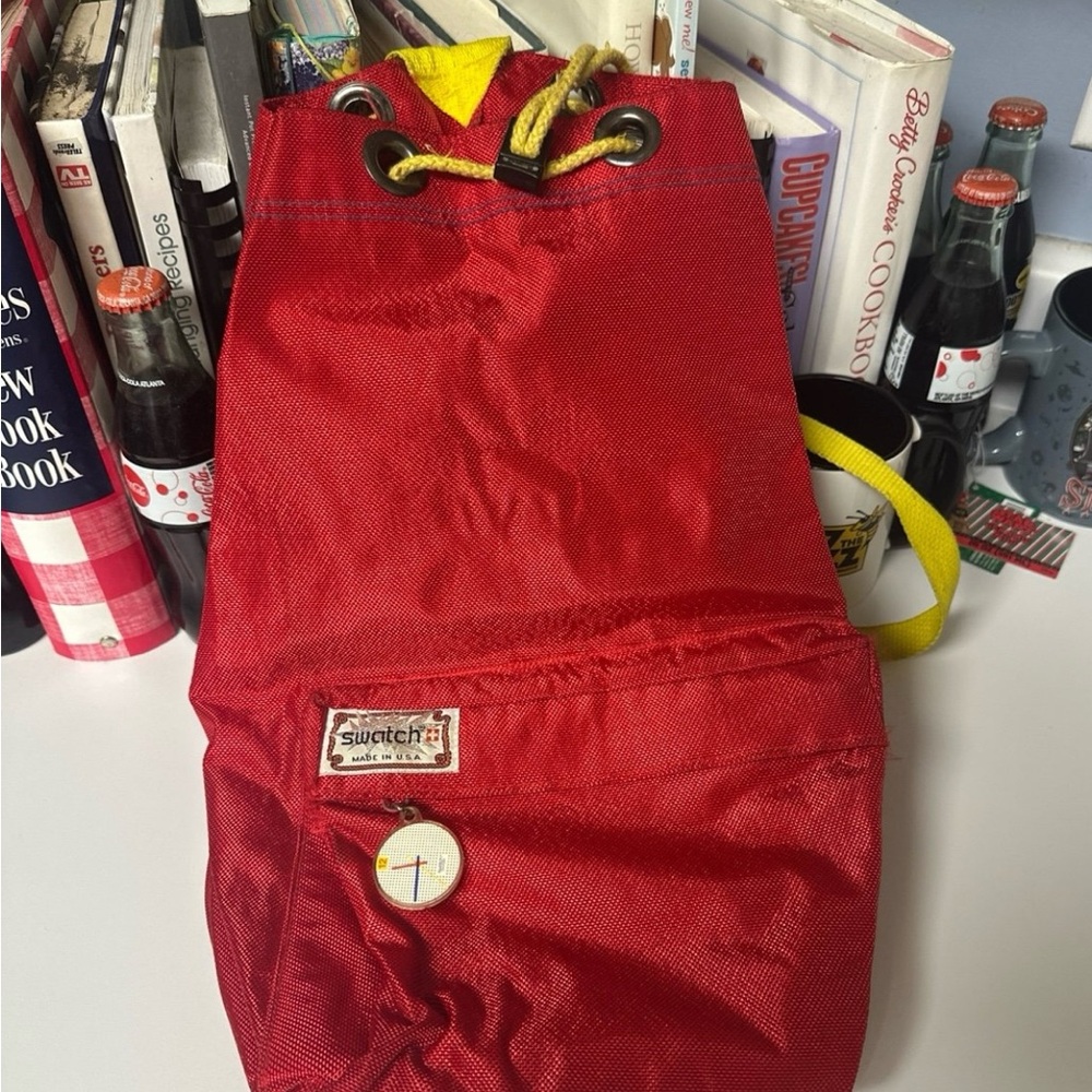Vintage Swatch Swiss Watch Face Duffle Bag Backpack 18"X10" Yel RED WHT USA MADE